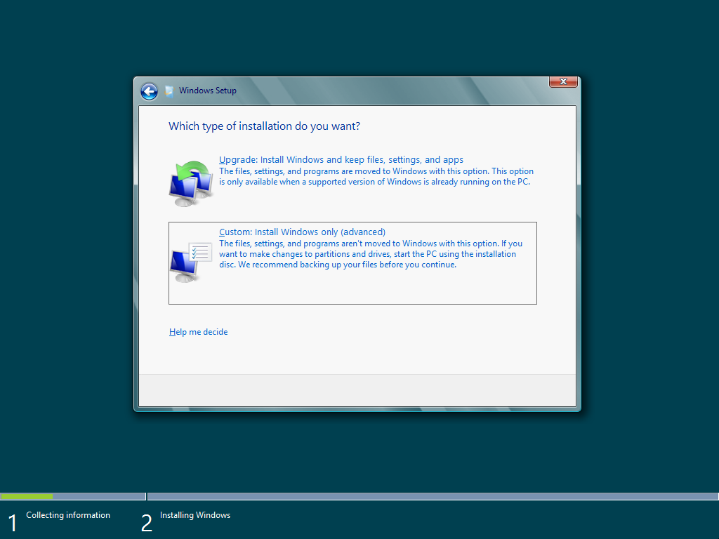 Установка Windows 8 - выбор режима установки