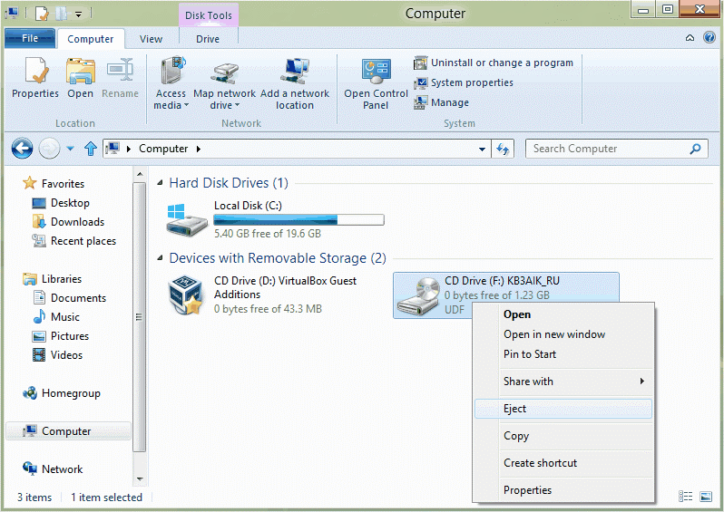 отключение образа ISO в Windows 8