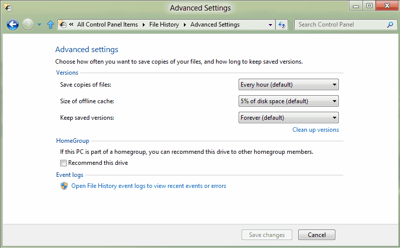настройки резервного копирования Windows 8
