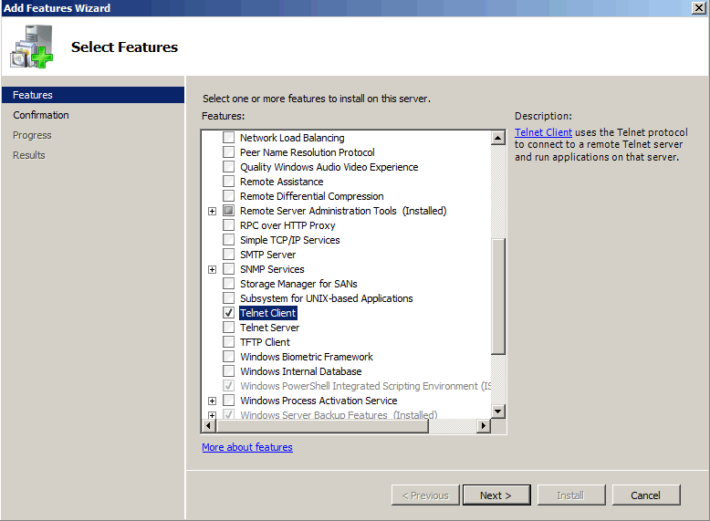 добавление фичи Telnet Client в Server Manager 2008