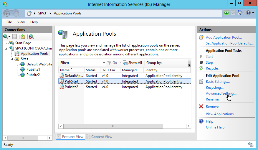 пулы приложений в IIS Manager