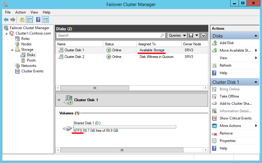 диск в Failover Cluster Manager до преобразования в CSV