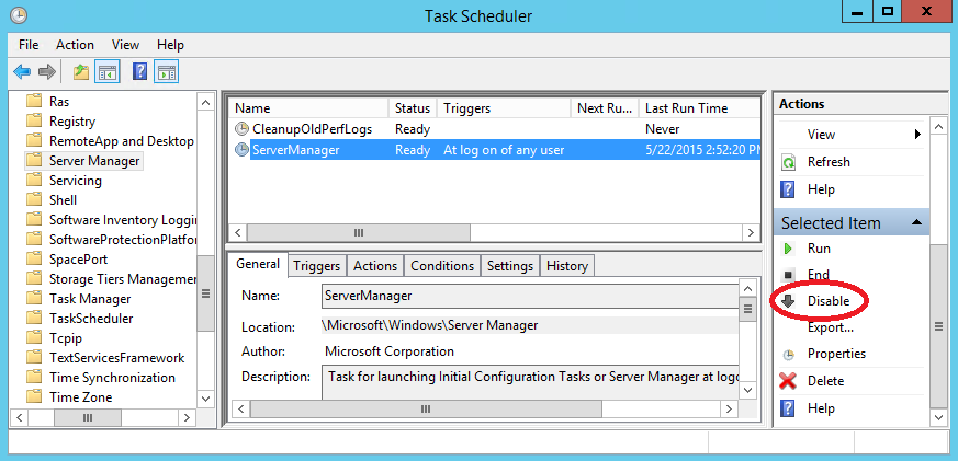 отключение Server Manager из оснастки Task Scheduler