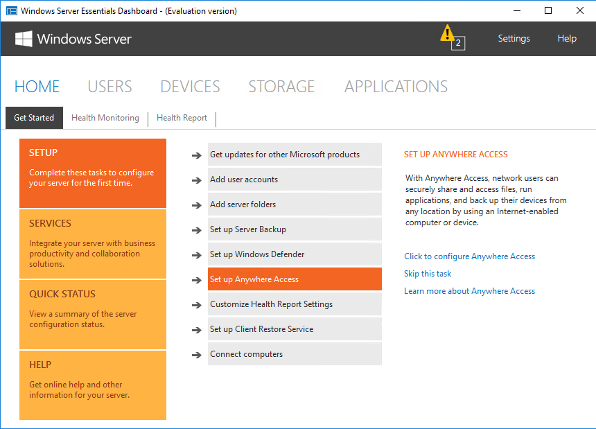 Windows Server Essentials Dashboard - вкладка Setup