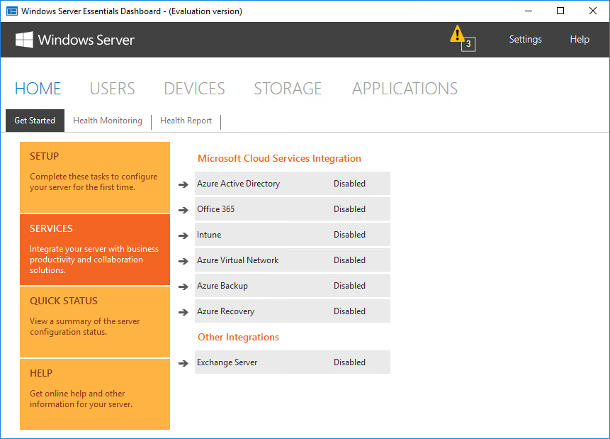 Windows Server Essentials Dashboard - вкладка Services
