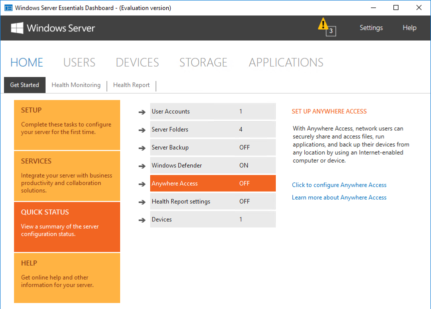 Windows Server Essentials Dashboard - вкладка Quick Status