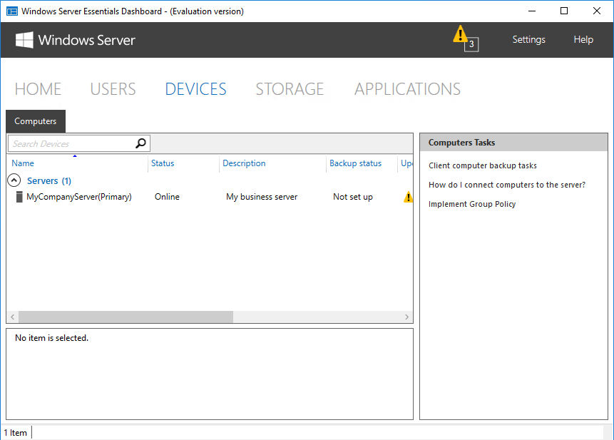 Windows Server Essentials Dashboard - раздел Devices