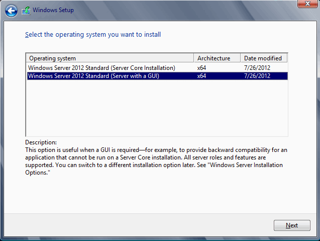 выбор варианта установки Windows Server 2012