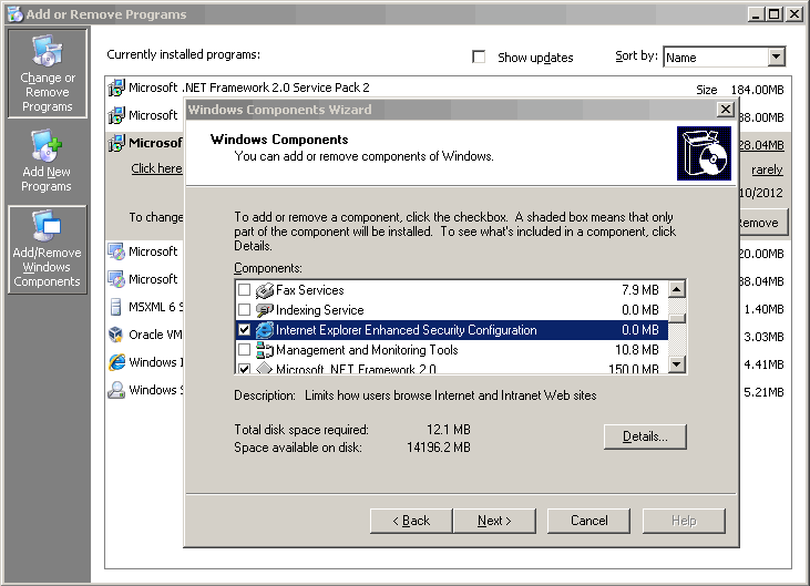 отключение конфигурации повышенной безопасности IE в Windows Server 2003