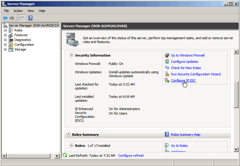 отключение конфигурации повышенной безопасности IE в Windows Server 2008