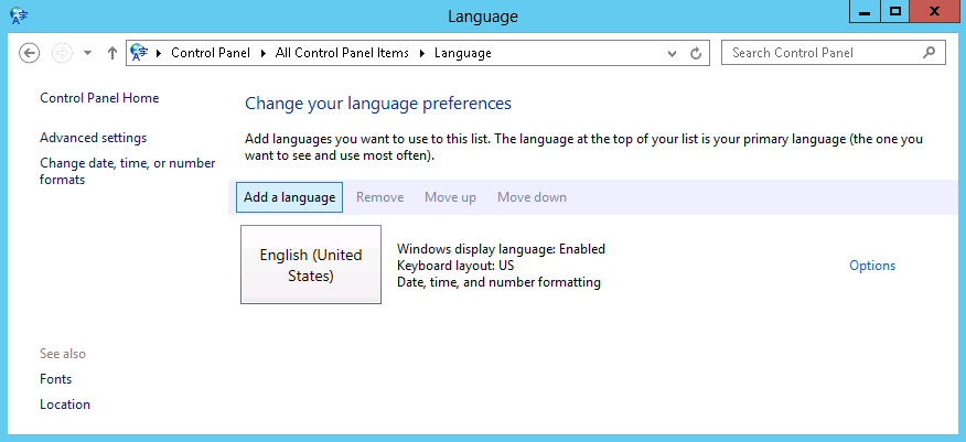 окно language в Windows Server 2012
