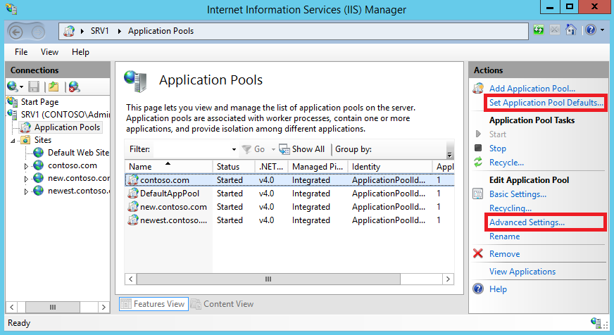 Раздел Application Pools в IIS Manager