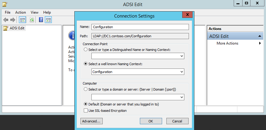 ADSIEdit, подключение к разделу Configuration
