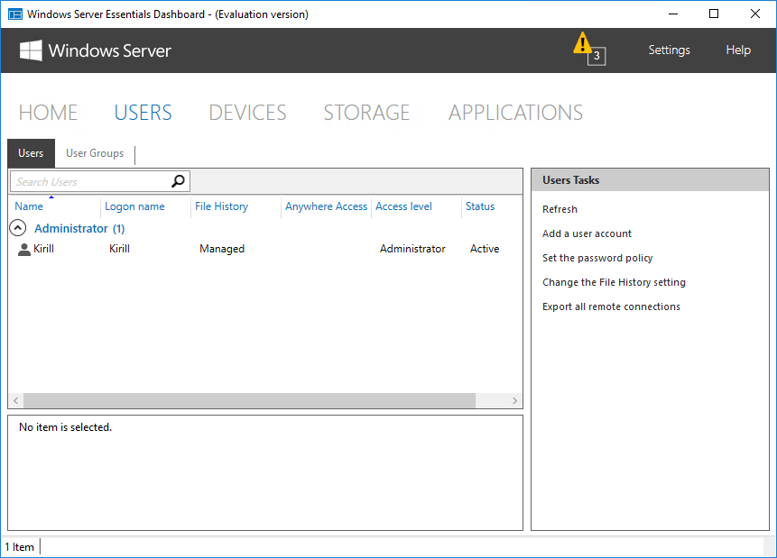 Windows Server Essentials Dashboard - раздел Users