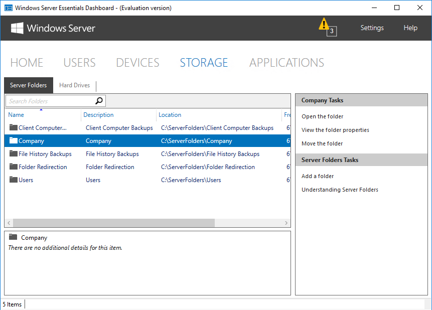 Windows Server Essentials Dashboard - раздел Storages