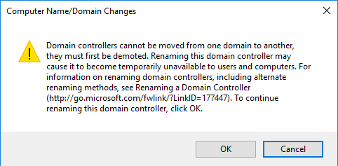 Предупреждение при попытке переименовать контроллер домена